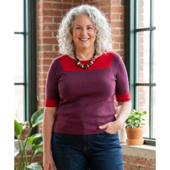 Tory Burch Sweater Womens XL Purple Red Colorblock Short Sleeve Wool Blend Knit - Picture 2 of 9